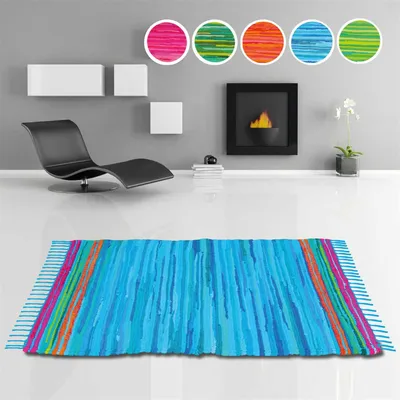 Produktbild von Flickenteppich handgewebter Teppich aus Baumwolle, stylischer und strapazierfähiger Fleckerlteppich (60 x 90cm / blau - dunkelblau)