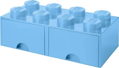 A light blue LEGO brick storage box with two drawers.