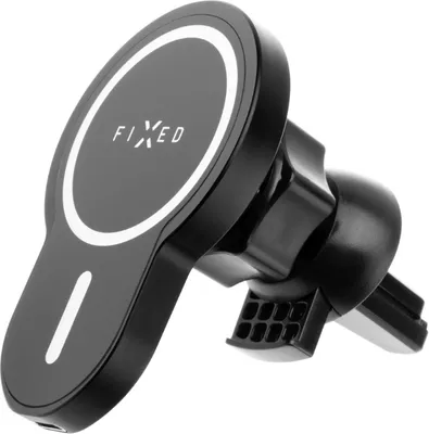A black car phone holder with a magnetic charging pad.