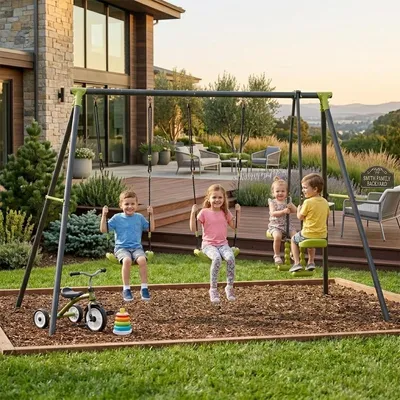 Produktbild von Kinder Schaukel mit 3 Schaukeln Metallschaukel 440 lbs Schaukelgerüst Schaukelgestell 200 kg Tragfähigkeit für Kinder ab 3 Jahren Schwarz+Grün