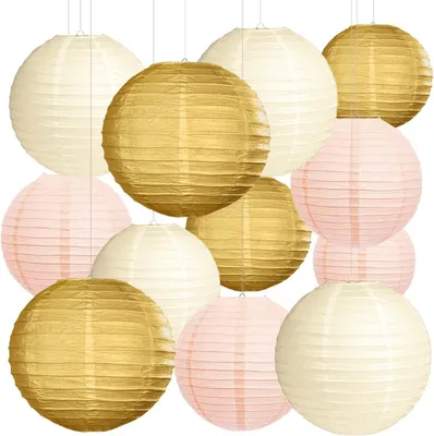 Productafbeelding van Lampions, papieren lantaarn, bruiloftsfeestdecoratie, pompon-decoratie, geschikt voor bruiloft, feest, decoratie, doop, vintage, 12 stuks