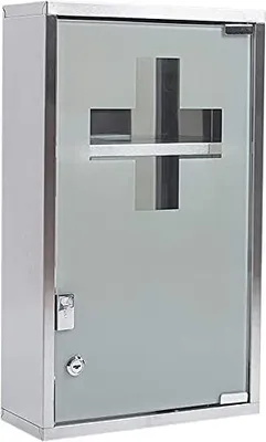 Produktbild von Theo&Cleo Medizinschrank aus Edelstahl abschließbarer Arzneischrank Erste-Hilfe-Schrank Hausapotheke, Glas Tür, Silber-3 Fächer, 27 x 12 x 48 cm