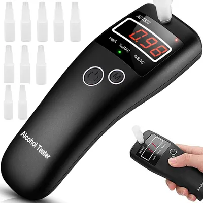 Obrázek produktu pro Alkomat Alkohol tester Dechový analyzátor s digitálním LCD displejem s podsvícením a 10 náustky Promilletester Alkomat Retoo