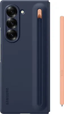 A dark blue phone case with a rose gold S-pen holder and a rose gold S-pen are shown against a white background.