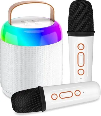 Obrázek produktu pro Karaoke sada pro děti se 2 mikrofony, LED osvětlením, reproduktorem, pro děti i dospělé, tip na dárek, bílá