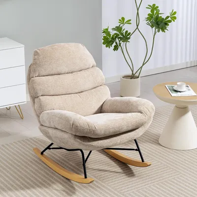 Produktbild von Schaukelstuhl Schneidersitz Polyester-Bezug, Schaukelsessel Stahlgestell Holzkufen, Relaxsessel Cremeweiß | 103x80x91 cm | 13 cm Polsterung | 17,5 kg