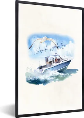 Produktbild von MuchoWow® MuchoWow® Gerahmtes Poster Boot - Vogel - Meer - Aquarell 20x30 cm - Poster mit zchwarzem Bilderrahmen - Drucken - Bilder Poster im Rahmen