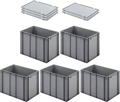 Produktbild von SuperSparSet 5x Eurobehälter mit geschlossenem Griff und Scharnierdeckel | HxBxT 42x40x60cm | 70 Liter | Grau | Eurobox, Transportbox, Transportbehälter, Stapelbehälter