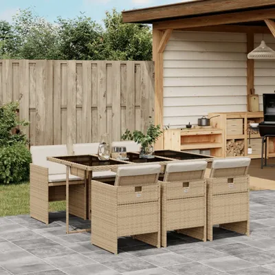 Produktbild von Design 7-tlg. Garten-Essgruppe mit Kissen Beige Poly Rattan, Gartenmöbel-Sets 2024 Neu