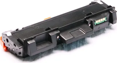 A black and orange toner cartridge is shown on a white background.