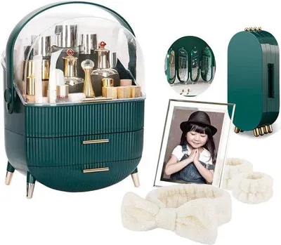 Productafbeelding van Transparante acryl organizer, make-up box, make-up tas, beauty display, sieraden organizer (zwart/groen/35 cm)