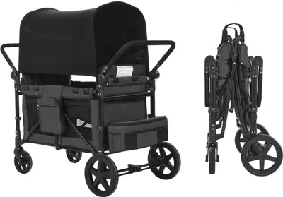 A black and gray wagon is shown from the front, and a folded version of the same wagon is shown from the side.