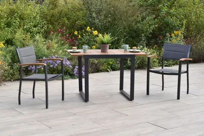 Produktbild von Merxx Gartenmöbel Set Paxos 3tlg., 2 Stapelsessel, Balkonausziehtisch 80 (120) x 70 cm- Aluminium/Akazie/Textil