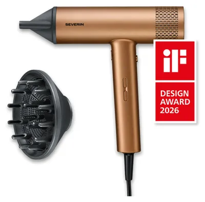 Produktbild von Severin Haartrockner, Ionen-Föhn, Anti-Frizz, Konzentrator, Diffusor, 3 Temperatur- & Leistungsstufen, S-Style Speed Pro, 2000W, bronze, HT 0172