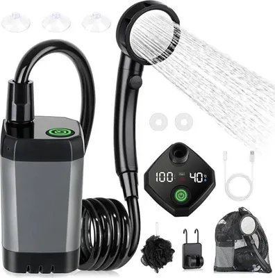 Produktbild von Traumheim Campingdusche - Tragbar, 6000mAh Akku, 2m Schlauch, Pumpe & Temperaturanzeige, USB-C, 120-150 Min. Laufzeit, 4 Modi für Camping, Garten, Auto, Strand, Haustierpflege