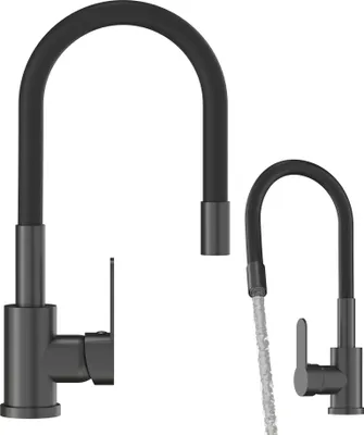 Two black kitchen faucets are shown against a white background. One faucet is larger and positioned on the left, while a smaller one is on the right, with water flowing from its spout.