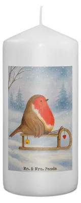 Produktbild von Mr. & Mrs. Panda Kerze Rotkehlchen Schlitten Design 15 x 7 cm - Weiß - Geschenk, Weihnachten, Blockkerze, Wachskerze, Winter, Bedruckte, Vogel, Erinnerungslicht