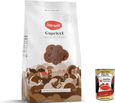 Produktbild von 3x Cabrioni Capricci con Cacao e Gocce di Cioccolato, Schokoladenkekse, kekse mit Kakao- und Schokoladenchips, cookie biscuits 650 gr + Italian gourmet polpa 400g