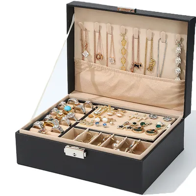 Produktbild von Schmuckkästchen, Damen Doppelschicht Kunstleder Aufbewahrungskoffer für Ringe Ohrringe Armbänder Halsketten Schmuck Veranstalter Geschenkbox, 17x23x9cm