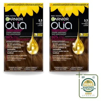 Productafbeelding van 2 x Garnier Olia 5.3 Permanente Haarkleuring, lichtgoudbruin, zonder ammonia - Voorraadverpakking - 2 stuks