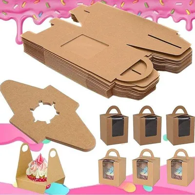 Produktbild von Individuelle Cupcake-Boxen - Cupcake-Geschenksets mit Glasfenster - Stabile Einzelcupcake-Boxen - Mit Einfügekorb und Griffen - PVC-Glasfenster - Geburtstagsspielzeug Hochzeit - 25 Stück (Braun)