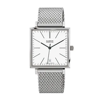Obrázok produktu pre Pánske náramkové hodinky DUGENA 7090140 Dessau Carrée, quartz, biely ciferník, puzdro z ušľachtilej ocele, zafírové sklíčko, náramok z ušľachtilej ocele, posuvné zapínanie, 5 barov