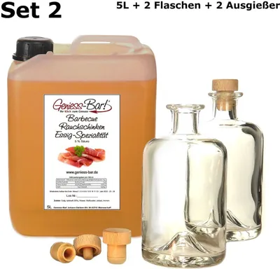Produktbild von Barbecue BBQ Rauch Schinken Balsam Essig - Spezialität 5L mit 2 Flaschen u. Ausgießer kräftig deftig & herzhaft 5% Säure