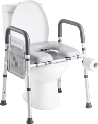 Zdjęcie produktu dla Podwyższona deska sedesowa z podłokietnikami, nośność 181 kg, regulowana wysokość i szerokość, wyściełana poduszka toaletowa Podwyższona deska sedesowa z uchwytami dla seniorów, osób starszych, niepełnosprawnych, dorosłych