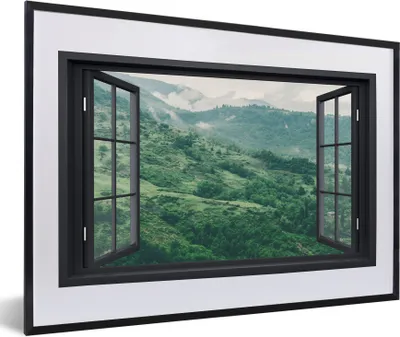 Produktbild von MuchoWow® MuchoWow® Gerahmtes Poster Aussicht - Berg - Baum 60x40 cm - Poster mit zchwarzem Bilderrahmen - Schlafzimmer - Plakat in Rahmen - Drucken