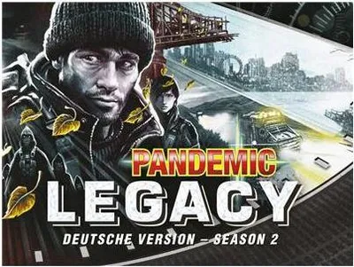 The image is a marketing image for the board game Pandemic: Legacy – Season 2, featuring artwork of characters and a cityscape.