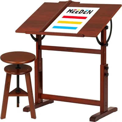Produktbild von MEEDEN Vintage Holz-Zeichentisch mit Künstlerhocker 96 x 60cm Verstellbare Höhe