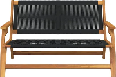 A product shot of a wooden garden bench with black rope seating and backrest, isolated on a white background.