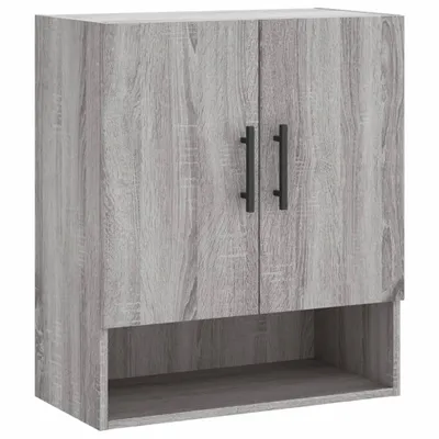 A gray wooden wall cabinet with two doors and an open shelf below, presented against a white background.