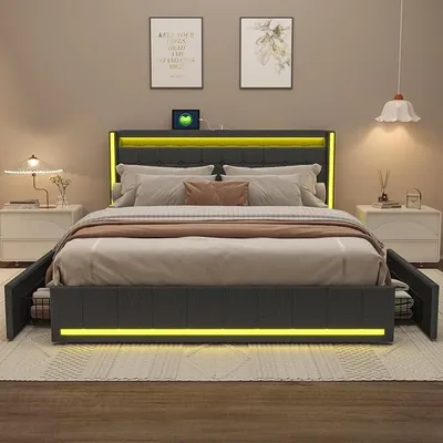 Obrázek produktu pro Postel 160x200 s čalouněnou konstrukcí a úložným prostorem, boxspring postel 160x200 s LED osvětlením a USB nabíjecím portem, 4 zásuvky, tmavě šedá barva