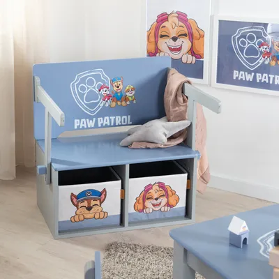 Produktbild von roba Kindersitzbank, umbaubar zum Kindertisch, Paw Patrol, Holz, grau/blau, Klappfunktion, inkl. 2 wendbarer Aufbewahrungsboxen, ab 18 Monaten, hautfreundlich lackiert, abgerundete Ecken, 60 x 35 x 65,5 cm