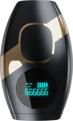 A close-up studio shot of a sleek, black and gold hair removal device with a digital display.