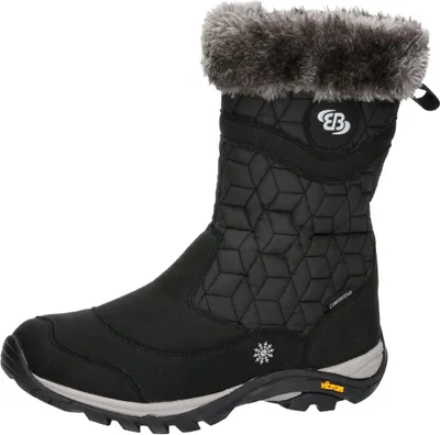 A single black winter boot with gray fur trim is shown against a white background.