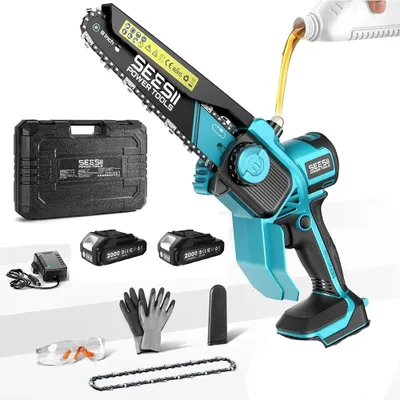 Produktbild von Akku-Kettensäge - Mini-Kettensäge - Bürstenloser Motor - 2 x 2,0-Ah-Akkus - Wiederaufladbar - Werkzeuglose Schmierung - Für Gartenschnitt