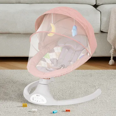 Produktbild von Elektrische Kinderschaukel, Babywippe Elektrisch Mit Schaukelfunktion, bluetooth Musik Babywippe mit Mückennetz Babyschaukel Für Neugeborene Im Alter Von 0-18 Monaten Pink
