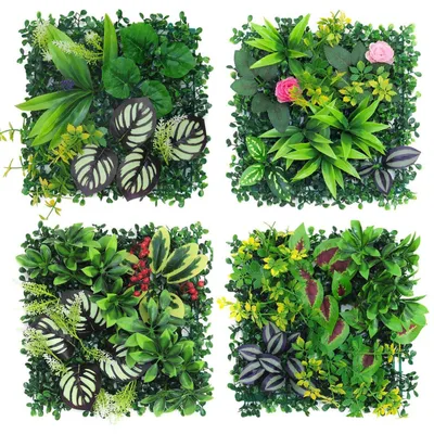 Produktbild von Pflanzenwand für den Außenbereich, 4 künstliche Pflanzenwandelemente, 25 x 25 cm, künstliche Pflanzendekoration für Wand, Balkon und Garten (Hybrid 02)