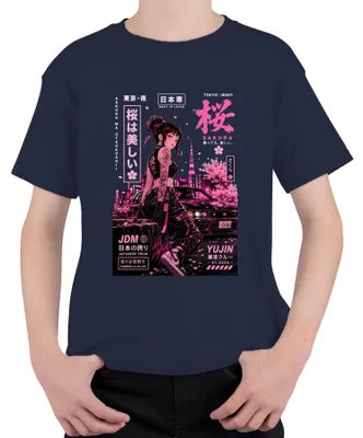 Productafbeelding van Sakura JDM, een T-shirt voor kinderen met een Japanse print, in de stijl van anime en Y2K, met het thema "drift", in de kleur marineblauw, maat 104