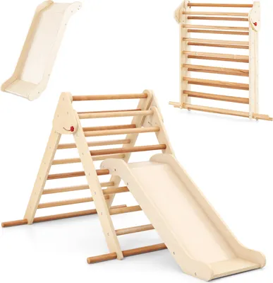 Produktbild von COSTWAY Kletterdreieck, 3 in 1 Klettergerüst Indoor klappbar, Sprossendreieck Holz zum Rutschen für Kinder ab 1 Jahr Natur