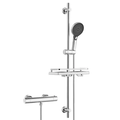 Produktbild von JOHO Edelstahl Duschsystem mit Duscharmatur, Brausestange Set mit Thermostat, Handbrause, Schlauch, Duschstange 100 cm mit Duschablage, Chrom