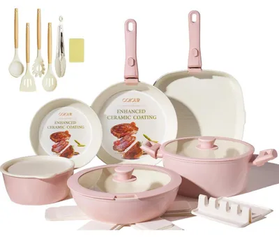 Immagine prodotto di Set di pentole in Vetroceramica, 23 pezzi, con rivestimento antiaderente, manico removibile, impilabili, adatto a tutti i tipi di fornello, colore rosa