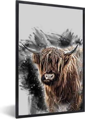 Produktbild von MuchoWow® MuchoWow® Gerahmtes Poster Schottisches Hochlandrind - Schwarz - Tiere 40x60 cm - Poster mit zchwarzem Bilderrahmen - Papierdruck - Wandbilder