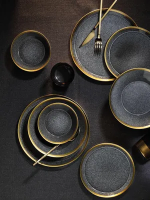 Produktbild von Hermia Concept, Hochwertiges 24-teiliges Geschirrset, Anthrazit & Gold, 100% Porzellan
