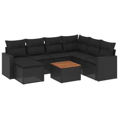 Produktbild von Modulare Garten-Sofagarnitur, Lounge-Set mit Akazienholz-Tischplatte, UV-beständiges PE-Rattan, pulverbeschichteter Stahl, Schwarz, 8-tlg.
