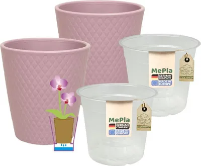 Produktbild von MePla - 2 Stück - Orchideenübertopf Harlekin ø 14 Lavendel + Pflanztopf Orchidee ø 12