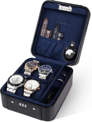 Produktbild von Uhrenbox 4 Uhren, mit Zahlenschloss und Schmuck-Organizer, Kunstleder, schwarz, für Reisen