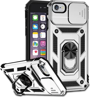 Produktbild von iPhone SE 2020 Hülle mit Schiebe Kamera Schutz und Ringhalter Ständer Robust Rüstung Schutzhülle für iPhone 6/6s/7/8/iPhone SE 2020 Silber